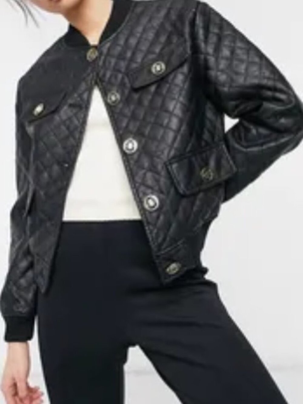 River Island Quilted Faux Leather Black Bomber Jacket US Sz 2